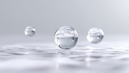 Three clear spheres float above rippled water