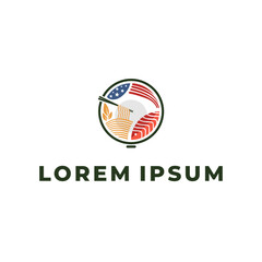 Modern logo of Japanese restaurant serving Asian cuisine in USA. Globe bowl with sushi, noodles, grains, and US flag. Ideal for branding, packaging, menu design, and culinary business identity