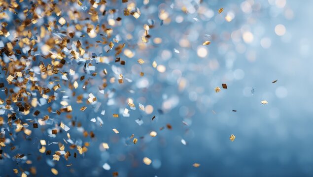 Golden and silver confetti falling on a navy blue background