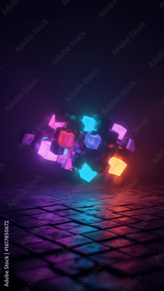 Poster abstract neon cube illuminated in dark space with glowing lights