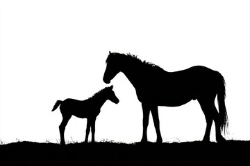 Fototapeta premium Foal Silhouette. Mare and Foal Silhouettes in White Isolated Background