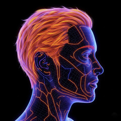 3d rendered illustration of a human head. human head silhouette with brain. Glowing digital human head profile in orange and blue.