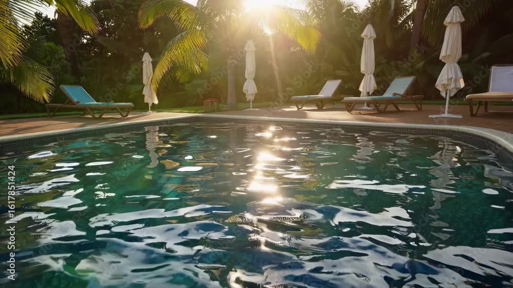 Poster the video captures sunlight reflecting on a serene pool surface, creating a tranquil and shimmering 