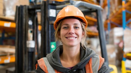 Forklift Woman. Young Female Supervisor Manager with Hard Hat Operating Forklift in Warehouse
