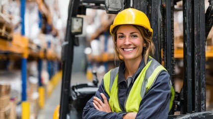 Forklift Woman. Young Female Supervisor with Hard Hat Operating Forklift in Warehouse