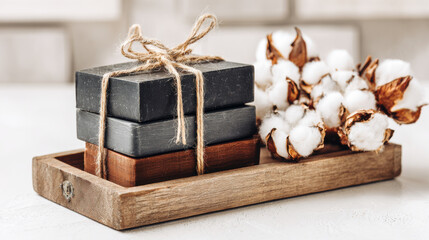 Stacked natural soap bars with cotton blossoms showcase eco-friendly beauty.