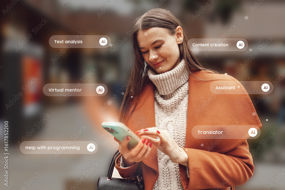 Poster young woman exploring ai applications while using smartphone in urban setting during daytime