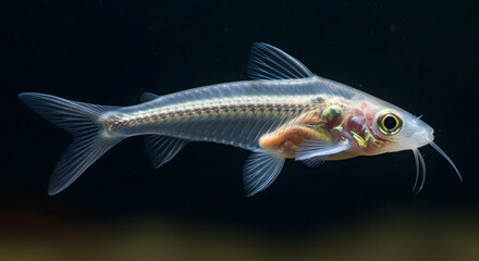 Ethereal translucent freshwater fish with a visible skeleton and delicate whiskers isolated on a dark background.