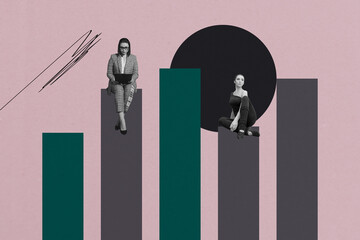 Trend art collage of people use gadget big financial graphs on pink background