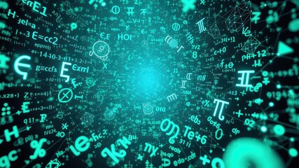 Abstract representation of flowing data stream with mathematical equations, symbols, and geometric forms on dark background