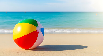 Obraz premium A colorful inflatable beach ball on a sandy shore with a calm turquoise sea in the background on a sunny day.
