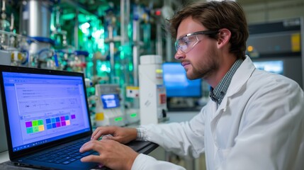 Researcher conducts analysis in a laboratory with advanced equipment while using a laptop in a well-lit environment