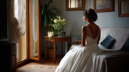 A bride waiting in a softly lit room before the wedding
