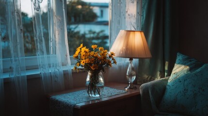 A cozy indoor scene featuring a lamp, a vase of flowers, and a window with sheer curtains, creating a warm and inviting atmosphere.