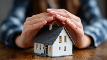 A person gently protects a miniature house with their hands, symbolizing care, safety, and the importance of home ownership.