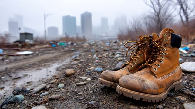 Worn-out boots sit on a muddy, debris-strewn path with a foggy city skyline in the background, conveying a sense of abandonment and rugged terrain.