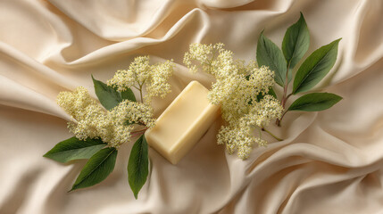 A bar of kojic acid soap and flowers, showcasing natural skincare and eco beauty.