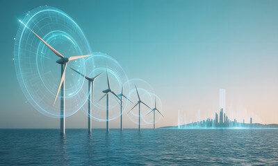 Offshore Wind Farm with Digital Tech Overlay and Future City Skyline for Sustainable Energy