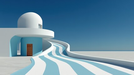 Abstract Modern Architecture: Coastal Minimalist Design, Blue and White Ramp, Curved Staircase, Dome Building, Seascape Background