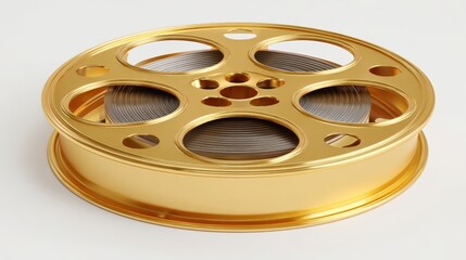 Obraz premium Gold Film Reel. Cinema Concept with Three-Dimensional Motion Picture Spool on White Background