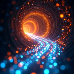 Abstract tunnel with glowing orange and blue particles converging inward