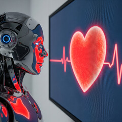 robot with heart monitor. AI robot with futuristic interface. Humanoid robot gazing at a digital red heart on a screen.