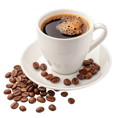 Obraz premium A steaming cup of hot black coffee with frothy foam and scattered roasted coffee beans on a white saucer isolated on transparent background