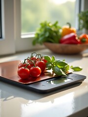 Tomatoes and basil on a scale with peppers in a bowl by the window