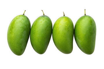 Obraz premium Four green mangoes in a row isolated on transparent background