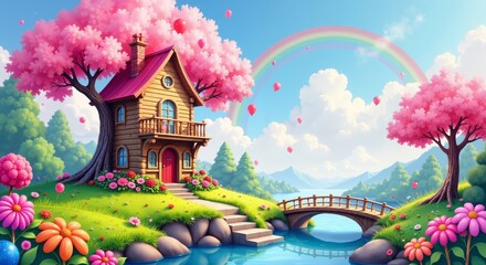 Magical fantasy landscape with pink cherry blossom tree house, wooden bridge over stream, rainbow and fluffy clouds in whimsical fairy tale setting.