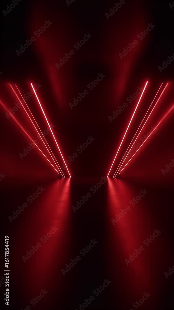 Poster abstract red tunnel with neon lights and reflections in dark space background