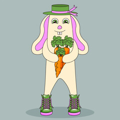 Whimsical bunny with carrot isolated light. Vector illustration of bunny farmer in hat sneakers with carrot. Cute design for autumn harvest banner poster social media theme. EPS 10