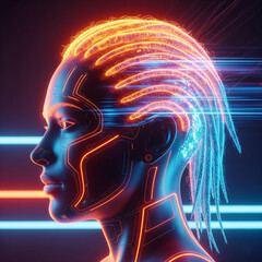 3d rendered illustration of a human head. human head silhouette with brain. Glowing digital human head profile in orange and blue.