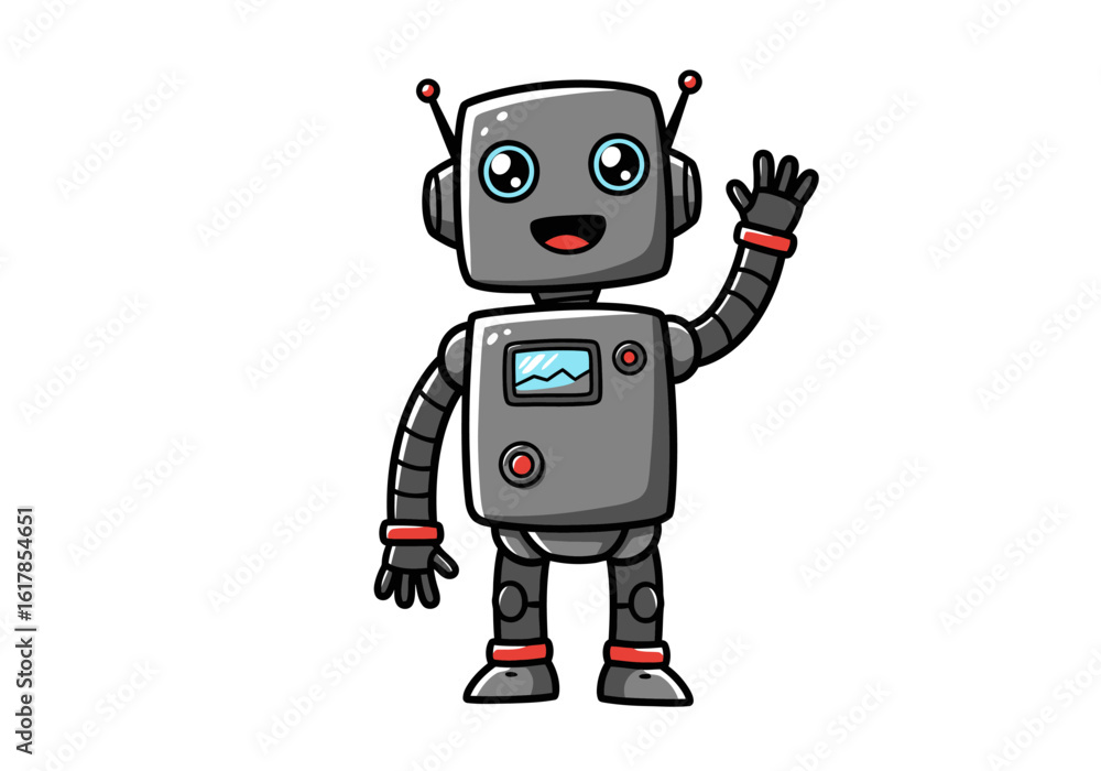 Poster cartoon robot waving with antennae and screen displaying a waveform
