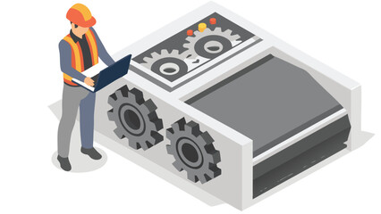 Engineer using laptop standing by conveyor belt machine with gears and safety equipment shown