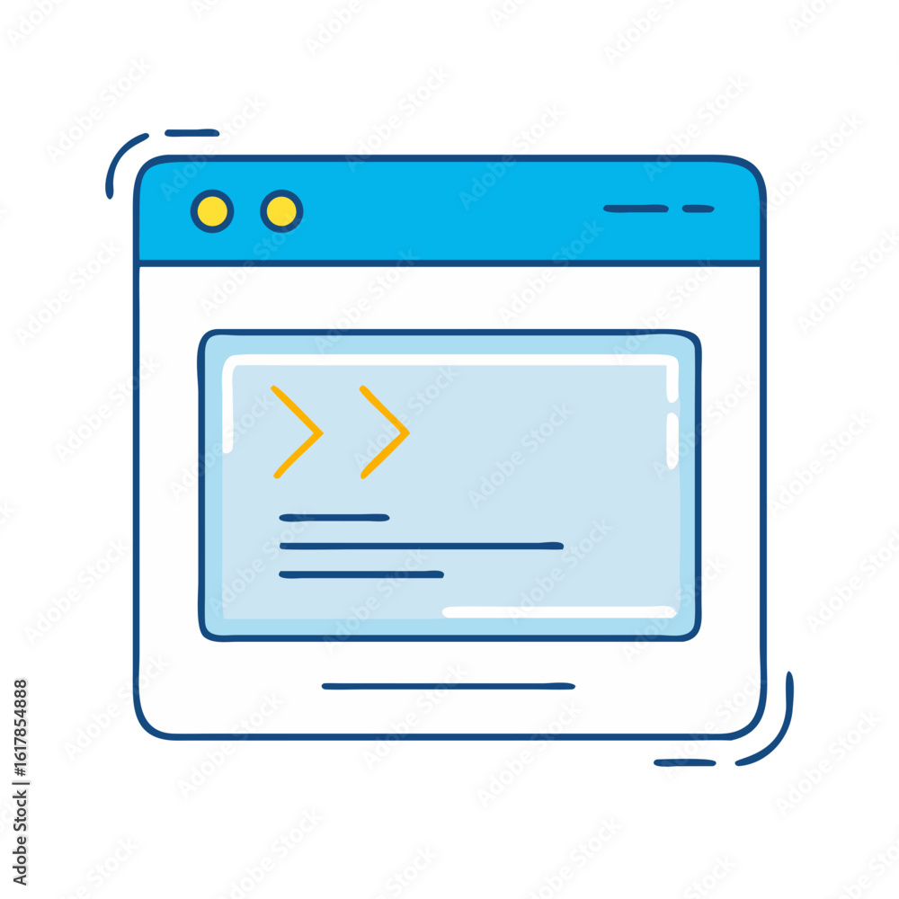 Poster cartoon illustration of a coding application window with blue borders