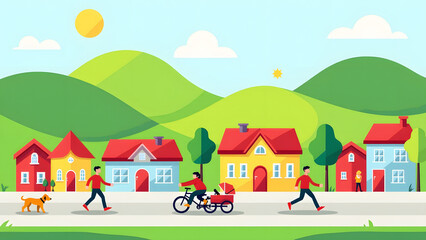 Naklejka premium Neighborhood Scene With Houses And People