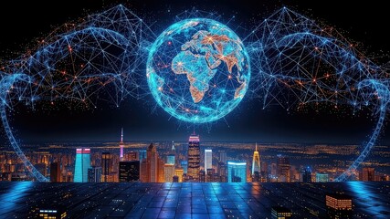Digital Earth Globe Network Over a Nighttime Skyline Emphasizing Global Connectivity and Advanced Technology