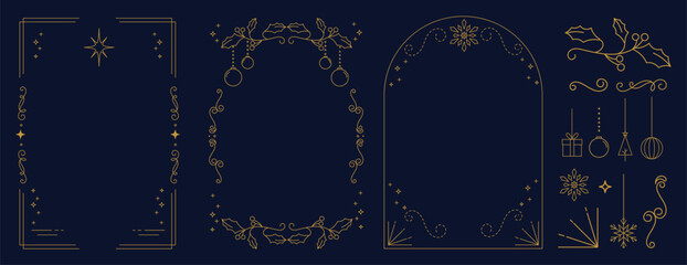 Christmas and Happy New Year frame design vector element set. Christmas bauble, holly leaves branch, gift, snowflake. Luxury element for invitation, banner, poster, cover, print, season holiday.