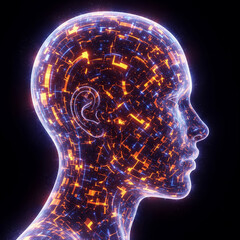 3d rendered illustration of a human head. human head silhouette with brain. Glowing digital human head profile in orange and blue.