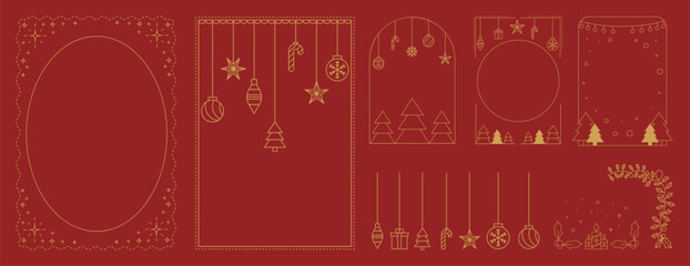 Christmas and Happy New Year frame design vector element set. Christmas tree, ball, candy cane, candle, holly, snowflake. Luxury element for invitation, banner, poster, cover, print, season holiday.