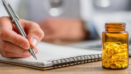 Close-up of hand writing in a notepad with a silver pen next to a bottle of yellow capsules on a wooden desk - Powered by Adobe