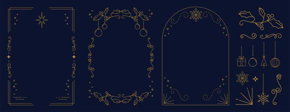 Naklejki Christmas and Happy New Year frame design vector element set. Christmas bauble, holly leaves branch, gift, snowflake. Luxury element for invitation, banner, poster, cover, print, season holiday.