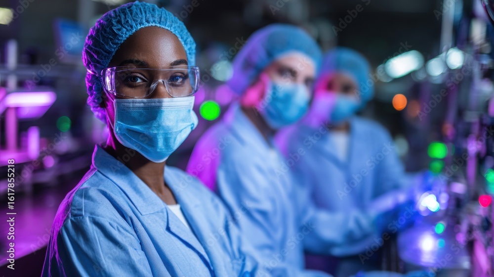 Poster professional scientists in lab coats and masks work in a high-tech laboratory, focusing on research 