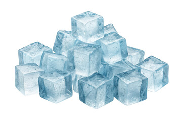 A generous pile of clear cubed ice blocks stacked together creating a refreshing cold beverage ingredient isolated on transparent background