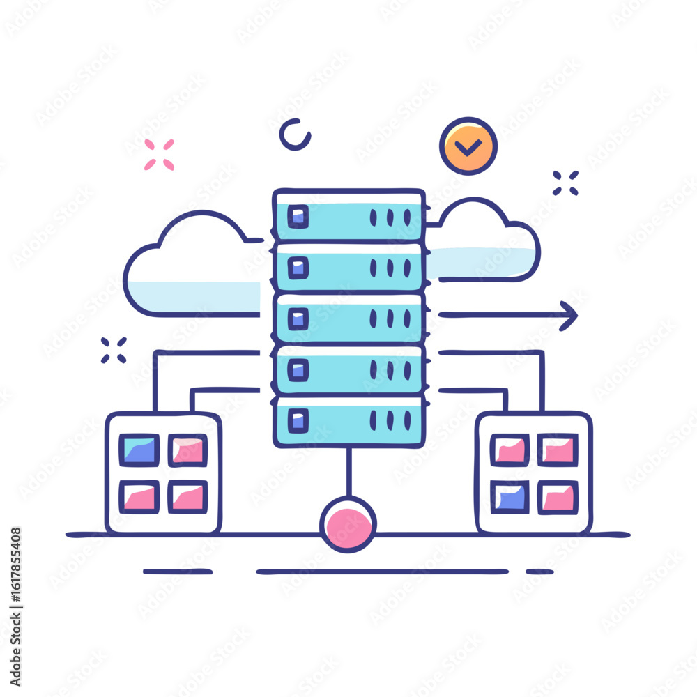 Poster colorful cartoon image of cloud computing data center with connections