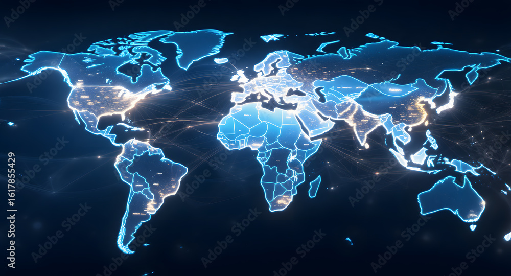 Poster global digital network map with glowing lines. futuristic data flow, connectivity, and communication