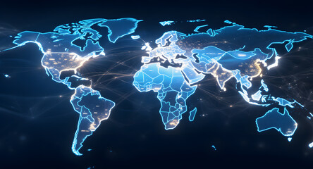 Global Digital Network Map with Glowing Lines. Futuristic Data Flow, Connectivity, and Communication Technology Concept
