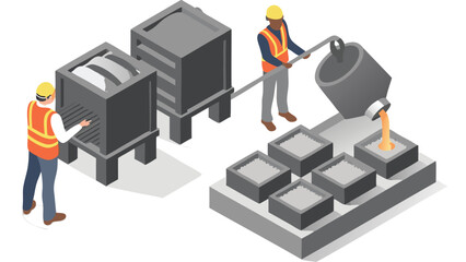 Workers pouring molten metal into molds in a foundry setting with safety gear at the factory floor