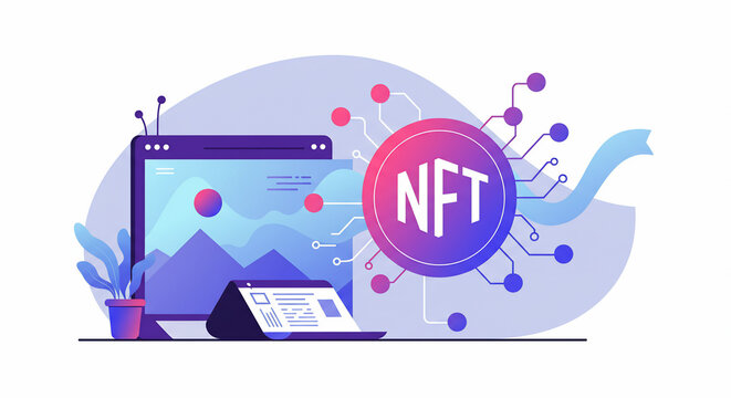 Nft and digital art on laptop illustration - Powered by Adobe